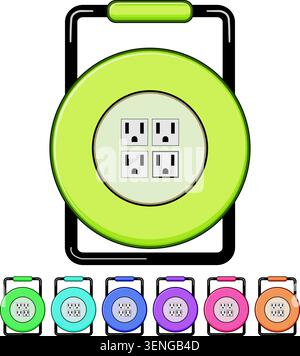 Extension cord reel providing versatile power distribution, offering multiple electrical outlets for connecting devices safely and efficiently in vari Stock Vector