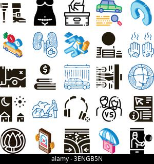 Variety of outline and glyph icons representing services and conceptshealth, medical, car wash, car sharing, navigation, surgery, voting, finance, hom Stock Vector