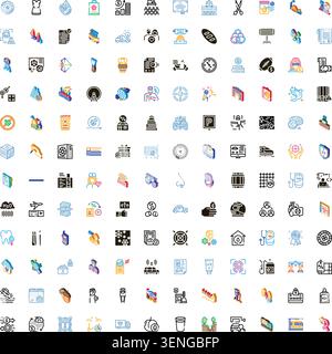 Set of various line art and isometric icons symbolizing a wide range of topics from communication, finance, and food to healthcare, education, and tec Stock Vector