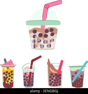 Bubble tea drinks collection displaying a variety of vibrant flavors with tapioca pearls and straws, representing refreshing beverage options and swee Stock Vector