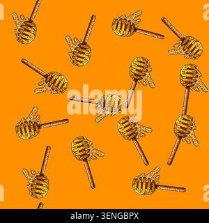 pattern Honey dipper stick dripping golden amber honey, hand drawn line illustration on white background symbolizing natural, organic food, healthy ea Stock Vector