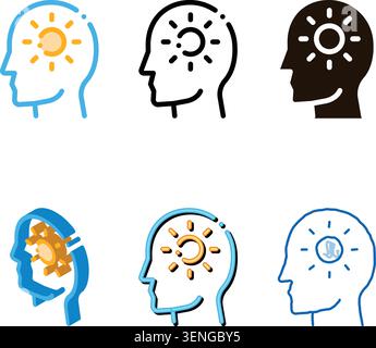 Shining Sun In modern Man Silhouette Mind Vector Icon Thin Line. Gear And Brain, Heart And Shield, Padlock And Coin Mark Stock Vector