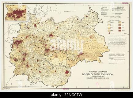 A 1945 lithograph map records the population density of Greater Germany by Kreise, excluding cities over 10,000 inhabitants. Compiled by the United States Office of Strategic Services, it provides demographic data for rural areas across the country. Stock Photo