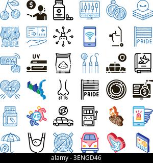 Large set of diverse icons representing various concepts including business, finance, medical care, technology, travel, health, lifestyle, and social Stock Vector