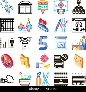 Variety of flat, outline, and isometric style icons creating a diverse set of conceptual symbols for healthcare, industry, communication, and technolo Stock Vector