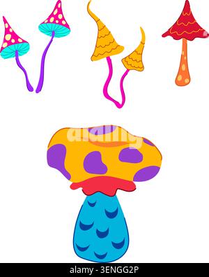 Fantasy mushrooms appearing in bold, vibrant colors with distinct patterns bring a sense of whimsy and psychedelic art style, ideal for themes of imag Stock Vector