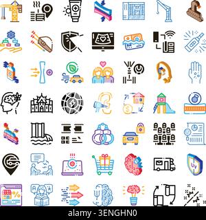 Large collection of diverse vector icons covering various themes including business, construction, technology, environmental care, health, education, Stock Vector