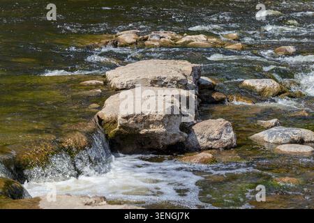 Fast flowing river water rushing over natural rocks and rocky rapids with white foam, beautiful wild nature landscape. Stock Photo