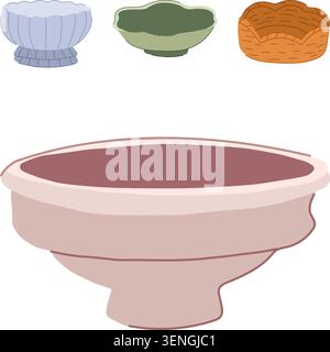 Decorative bowls collection presenting a variety of styles and materials, with one larger vessel featuring a smooth finish and smaller ones including Stock Vector