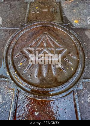 Close‑up of a geometric manhole cover outside Tune Hotel at Kuala Lumpur International Airport (KLIA), Malaysia, photographed in July 2026. Stock Photo