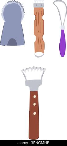 Coconut processing tools set, scrapers, grater, husker and peelers for preparing fresh coconut in the kitchen, flat vector icons on white background f Stock Vector