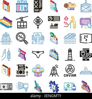 Collection of thin line and isometric icons representing diverse concepts from business, technology, science, health, and everyday life, symbolizing a Stock Vector