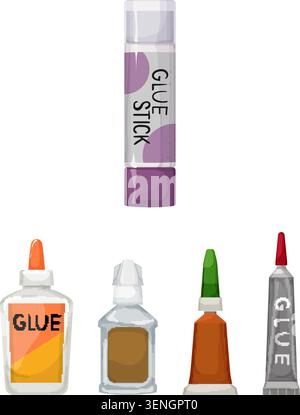Assortment of glue types and adhesive supplies including sticks, tubes, bottles and liquid applicators for school, office and craft projects on a clea Stock Vector