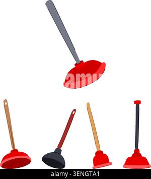 Collection of five plungers with different colored handles and cups, providing an essential tool for clearing blockages in sinks and toilets, isolated Stock Vector