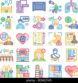 Diverse collection of line icons representing business, medical, technology, education, lifestyle, and financial concepts, symbolizing various aspects Stock Vector
