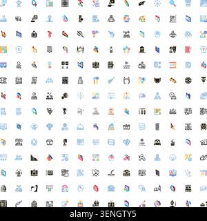 Large collection of diverse linear icons with abstract and gradient colors, representing various concepts, people, tools, technology, and common symbo Stock Vector