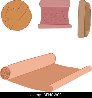 Ancient parchment paper materials creating a collection of scrolls and flat textures, representing historical documents, knowledge, and vintage commun Stock Vector