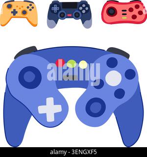 Group of colorful video game controllers in various styles on a white background, symbolizing modern gaming, esports, play and digital entertainment h Stock Vector