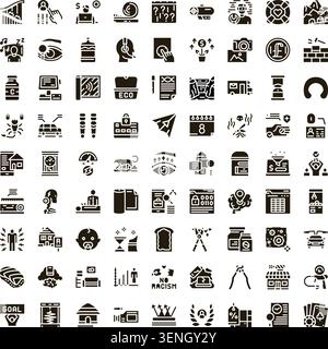 Set of diverse glyph icons representing various business concepts, technology applications, social issues, and daily life elements, arranged in a grid Stock Vector