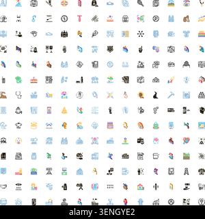 Set of numerous flat vector icons illustrating a wide range of subjects including artificial intelligence, health, business, security, technology, and Stock Vector