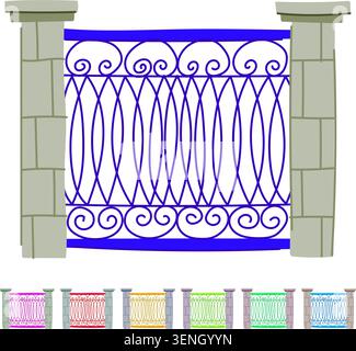 Blue decorative metal fence section featuring ornate scroll patterns and elegant oval shapes, positioned between two solid stone pillars providing a c Stock Vector