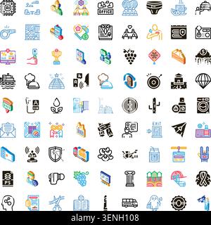 Collection of diverse linear and colorful icons representing various business concepts, social interactions, digital technology, food, travel, and eve Stock Vector