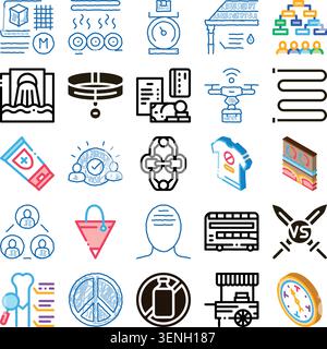 Set of various doodle style icons representing business processes, technology, social concepts, and daily life items, illustrating a wide range of the Stock Vector