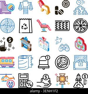 Set of colorful flat and isometric icons illustrating various concepts including finance, justice, press, recycling, healthcare, food, travel, and pro Stock Vector