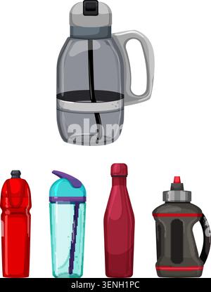 Various colorful hydration and drink bottles, including shakers and water containers, providing essential gear for fitness, exercise, and active healt Stock Vector