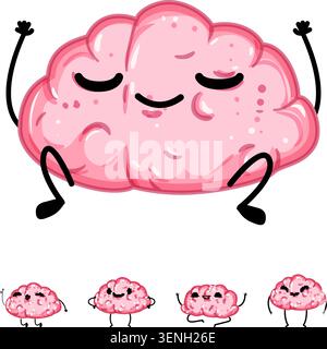 Pink brain character meditating peacefully with arms raised and eyes closed, along with four smaller brains expressing joy and calm, symbolizing menta Stock Vector