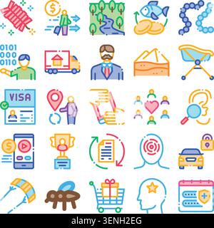 Variety of colorful outline icons illustrating concepts from business, travel, health, finance, education, and social topics, useful for websites and Stock Vector