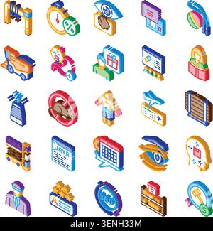 Isometric icons for various industries and services including logistics, delivery, healthcare, technology, retail, and general business concepts, pres Stock Vector