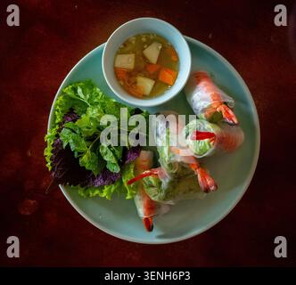 Overhead flat lay view of fresh Vietnamese spring rolls with shrimp, herbs, and a dipping sauce served on a plate. Stock Photo