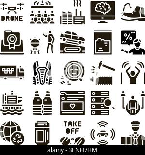 Grouping various glyph icons representing concepts like drone technology, business logistics, manufacturing processes, data analysis, and modern innov Stock Vector