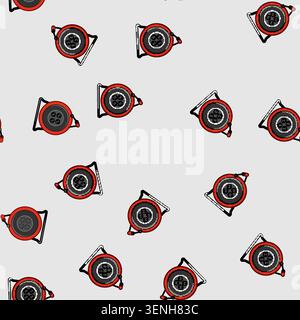 seamless pattern Portable red and black extension cord reel providing multiple outlets for electrical power distribution, essential equipment for home Stock Vector
