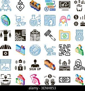 Diverse set of line, glyph, and isometric icons exploring concepts like team collaboration, healthcare, education, legal justice, financial management Stock Vector