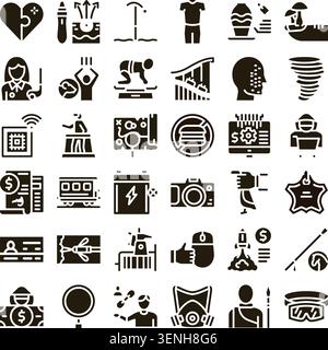 Seamless pattern featuring a diverse set of black and white glyph icons, representing abstract concepts, technology, sports, money, health, and a wide Stock Vector