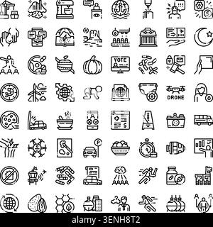 Collection of diverse line style icons representing various concepts including industry, healthcare, technology, environment, food, finance, and human Stock Vector