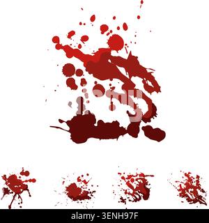 Collection of red liquid splatters creating abstract, textured patterns, including dripping paint and ink stains, useful for design elements and graph Stock Vector