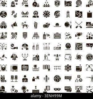 Collection of black glyph icons representing various concepts across different industries, professions, and abstract ideas, suitable for web design an Stock Vector