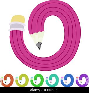 Purple pencil with eraser forming a spiral loop, symbolizing creativity, learning, writing and design, minimal vector on white background for educatio Stock Vector