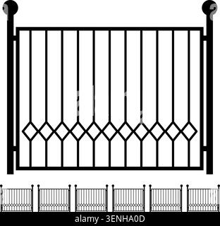 Black silhouette of a section of a decorative metal fence or gate featuring vertical bars, a diamond pattern at the bottom, and ball finials on posts Stock Vector