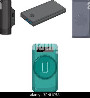 Collection of portable power banks and external chargers on white background, colorful vector illustrations showing various compact usb battery packs Stock Vector