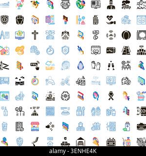 Large grid displaying a wide range of flat and isometric icons covering global business, finance, health, environment, food, and various technology co Stock Vector