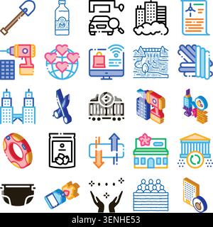 Set of colorful icons representing a wide range of subjects including lifestyle, business, construction, transportation, environment, and social issue Stock Vector