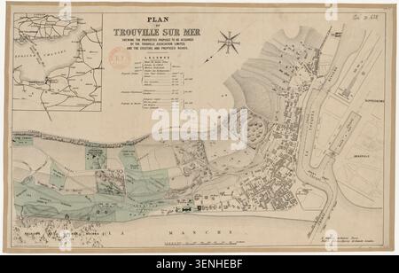 An engraved map of Trouville-sur-Mer records properties proposed for acquisition by the Trouville Association Limited together with existing and planned roads. The plan was prepared by architect A. Crépinet with Marsh, Nelson and Harvey architects. Stock Photo