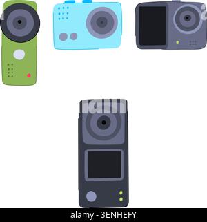 Four compact action cameras with distinct designs, including flat and vertical models, offer versatile tools for recording adventures and active lifes Stock Vector