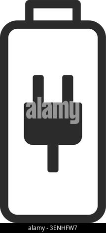 Minimal black and white battery icon with electric plug symbol. Clean simple energy and charging indicator design with clear geometric shape. Isolated Stock Vector