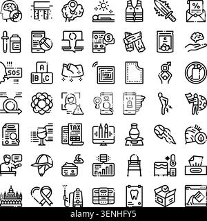 Diverse collection of linear black and white icons illustrating a wide range of concepts including technology, medicine, business, healthcare, educati Stock Vector