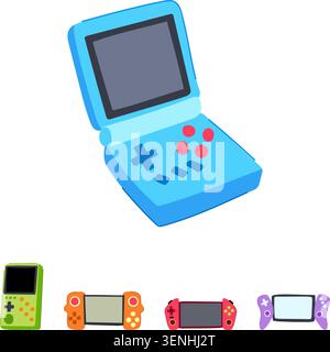 Collection of colorful cartoon portable gaming devices showcasing classic and modern handheld consoles, representing digital entertainment, technology Stock Vector